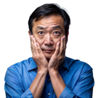 Man holding face in hands with surprised expression on transparent background png