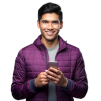 Smiling man using smartphone in purple jacket on transparent background png