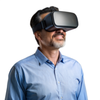 Man using virtual reality headset and smiling on transparent background png