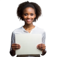 Smiling woman holding blank sign on transparent background png