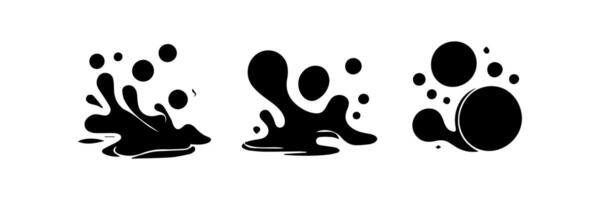 Black Liquid shapes, frames with uneven wavy edge set, collection. Water, fluid, paint, milk puddle, stain, rounded blot with splashes, drops, blobs, droplets. Design elements, backgrounds for text. vector