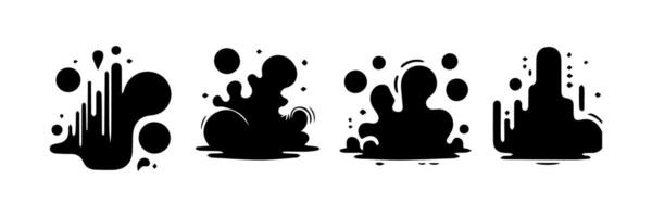Black Liquid shapes, frames with uneven wavy edge set, collection. Water, fluid, paint, milk puddle, stain, rounded blot with splashes, drops, blobs, droplets. Design elements, backgrounds for text. vector