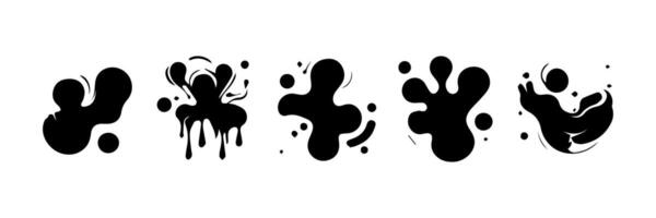 Black Liquid shapes, frames with uneven wavy edge set, collection. Water, fluid, paint, milk puddle, stain, rounded blot with splashes, drops, blobs, droplets. Design elements, backgrounds for text. vector
