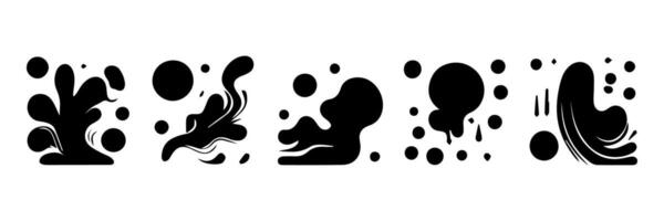 Black Liquid shapes, frames with uneven wavy edge set, collection. Water, fluid, paint, milk puddle, stain, rounded blot with splashes, drops, blobs, droplets. Design elements, backgrounds for text. vector