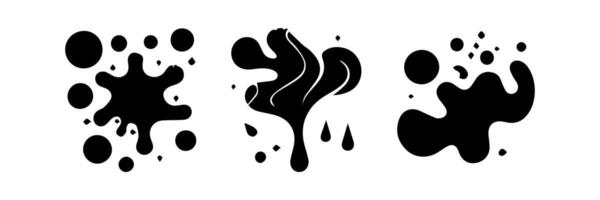 Black Liquid shapes, frames with uneven wavy edge set, collection. Water, fluid, paint, milk puddle, stain, rounded blot with splashes, drops, blobs, droplets. Design elements, backgrounds for text. vector