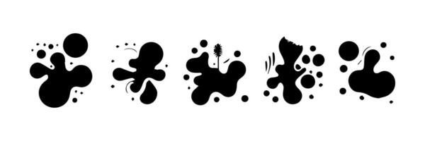 Black Liquid shapes, frames with uneven wavy edge set, collection. Water, fluid, paint, milk puddle, stain, rounded blot with splashes, drops, blobs, droplets. Design elements, backgrounds for text. vector