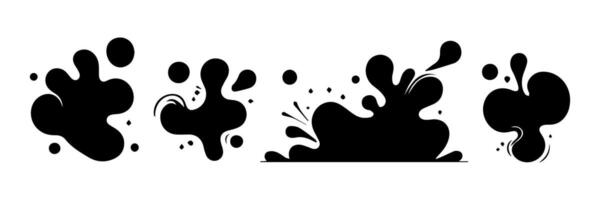 Black Liquid shapes, frames with uneven wavy edge set, collection. Water, fluid, paint, milk puddle, stain, rounded blot with splashes, drops, blobs, droplets. Design elements, backgrounds for text. vector