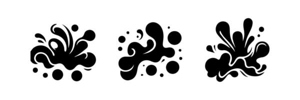 Black Liquid shapes, frames with uneven wavy edge set, collection. Water, fluid, paint, milk puddle, stain, rounded blot with splashes, drops, blobs, droplets. Design elements, backgrounds for text. vector