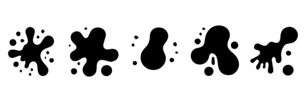 Black Liquid shapes, frames with uneven wavy edge set, collection. Water, fluid, paint, milk puddle, stain, rounded blot with splashes, drops, blobs, droplets. Design elements, backgrounds for text. vector