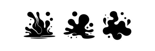 Black Liquid shapes, frames with uneven wavy edge set, collection. Water, fluid, paint, milk puddle, stain, rounded blot with splashes, drops, blobs, droplets. Design elements, backgrounds for text. vector
