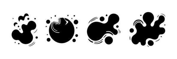 Black Liquid shapes, frames with uneven wavy edge set, collection. Water, fluid, paint, milk puddle, stain, rounded blot with splashes, drops, blobs, droplets. Design elements, backgrounds for text. vector