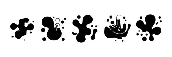 Black Liquid shapes, frames with uneven wavy edge set, collection. Water, fluid, paint, milk puddle, stain, rounded blot with splashes, drops, blobs, droplets. Design elements, backgrounds for text. vector