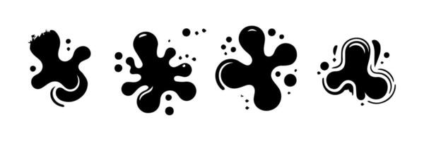 Black Liquid shapes, frames with uneven wavy edge set, collection. Water, fluid, paint, milk puddle, stain, rounded blot with splashes, drops, blobs, droplets. Design elements, backgrounds for text. vector