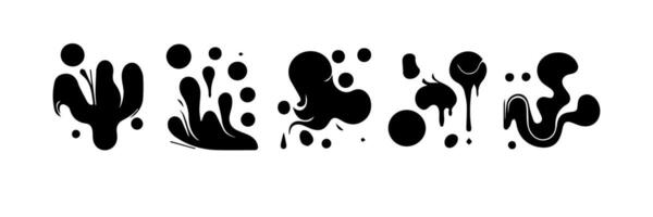 Black Liquid shapes, frames with uneven wavy edge set, collection. Water, fluid, paint, milk puddle, stain, rounded blot with splashes, drops, blobs, droplets. Design elements, backgrounds for text. vector