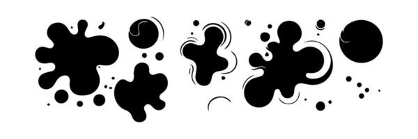 Black Liquid shapes, frames with uneven wavy edge set, collection. Water, fluid, paint, milk puddle, stain, rounded blot with splashes, drops, blobs, droplets. Design elements, backgrounds for text. vector