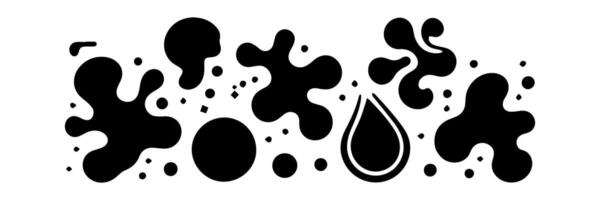 Black Liquid shapes, frames with uneven wavy edge set, collection. Water, fluid, paint, milk puddle, stain, rounded blot with splashes, drops, blobs, droplets. Design elements, backgrounds for text. vector