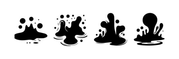 Black Liquid shapes, frames with uneven wavy edge set, collection. Water, fluid, paint, milk puddle, stain, rounded blot with splashes, drops, blobs, droplets. Design elements, backgrounds for text. vector
