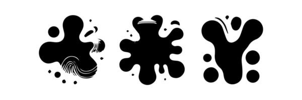 Black Liquid shapes, frames with uneven wavy edge set, collection. Water, fluid, paint, milk puddle, stain, rounded blot with splashes, drops, blobs, droplets. Design elements, backgrounds for text. vector