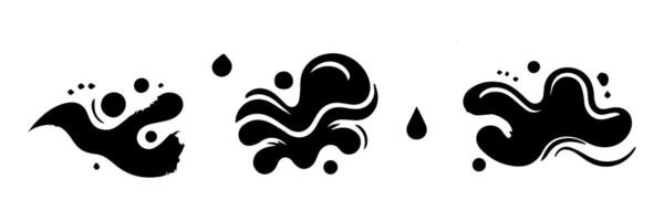 Black Liquid shapes, frames with uneven wavy edge set, collection. Water, fluid, paint, milk puddle, stain, rounded blot with splashes, drops, blobs, droplets. Design elements, backgrounds for text. vector