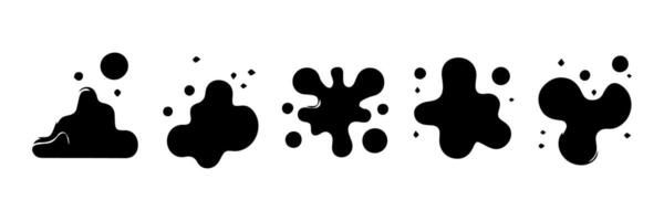 Black Liquid shapes, frames with uneven wavy edge set, collection. Water, fluid, paint, milk puddle, stain, rounded blot with splashes, drops, blobs, droplets. Design elements, backgrounds for text. vector