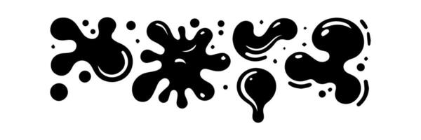 Black Liquid shapes, frames with uneven wavy edge set, collection. Water, fluid, paint, milk puddle, stain, rounded blot with splashes, drops, blobs, droplets. Design elements, backgrounds for text. vector
