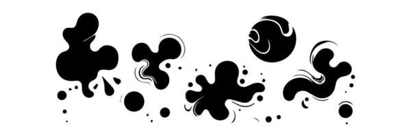 Black Liquid shapes, frames with uneven wavy edge set, collection. Water, fluid, paint, milk puddle, stain, rounded blot with splashes, drops, blobs, droplets. Design elements, backgrounds for text. vector