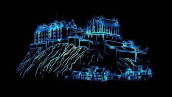 Neon frame effect historic castle perched on Castle Rock, Scotland, glow, black background. video