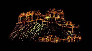 Neon frame effect historic castle perched on Castle Rock, Scotland, glow, black background. video