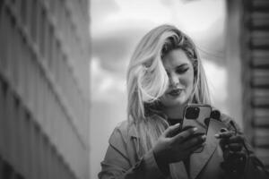 pretty business woman uses a smartphone between skyscrapers in the city in black and white photo