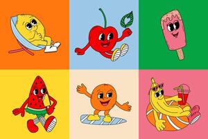 Fruit retro funky characters on color background. vector