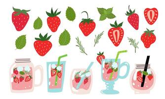 Summer strawberry lemonade set illustration. A collection of beverages with berries, mint, and rosemary vector