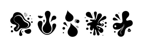 Black Liquid shapes, frames with uneven wavy edge set, collection. Water, fluid, paint, milk puddle, stain, rounded blot with splashes, drops, blobs, droplets. Design elements, backgrounds for text. vector