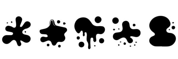 Black Liquid shapes, frames with uneven wavy edge set, collection. Water, fluid, paint, milk puddle, stain, rounded blot with splashes, drops, blobs, droplets. Design elements, backgrounds for text. vector
