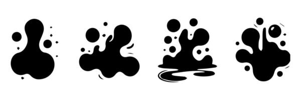 Black Liquid shapes, frames with uneven wavy edge set, collection. Water, fluid, paint, milk puddle, stain, rounded blot with splashes, drops, blobs, droplets. Design elements, backgrounds for text. vector