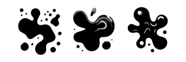 Black Liquid shapes, frames with uneven wavy edge set, collection. Water, fluid, paint, milk puddle, stain, rounded blot with splashes, drops, blobs, droplets. Design elements, backgrounds for text. vector