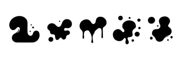 Black Liquid shapes, frames with uneven wavy edge set, collection. Water, fluid, paint, milk puddle, stain, rounded blot with splashes, drops, blobs, droplets. Design elements, backgrounds for text. vector