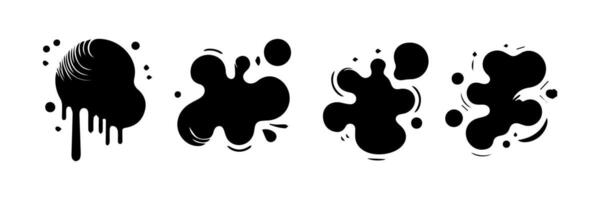 Black Liquid shapes, frames with uneven wavy edge set, collection. Water, fluid, paint, milk puddle, stain, rounded blot with splashes, drops, blobs, droplets. Design elements, backgrounds for text. vector
