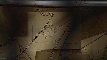 Note with inscription on wall. Stock footage. A note with an inscription on the wall. Close-up of note with inscription on red thread. Lantern lighting notes on string in night office photo