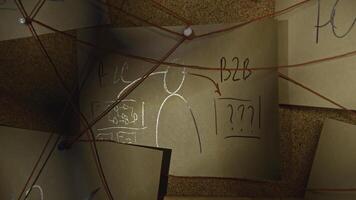 Note with inscription on wall. Stock footage. A note with an inscription on the wall. Close-up of note with inscription on red thread. Lantern lighting notes on string in night office photo