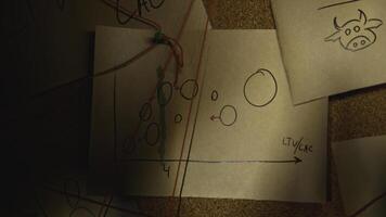 Mysterious notes on board. Stock footage. Lantern illuminates night room with notes. Mystical investigation with notes and red thread in night room photo