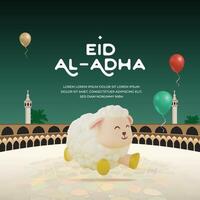 Hajj mabrour eid al adha greeting card post background design with 3d Kaaba and sheep vector