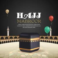 Hajj mabrour eid al adha greeting card post background design with 3d Kaaba and sheep vector