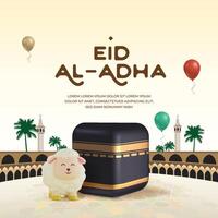 Hajj mabrour eid al adha greeting card post background design with 3d Kaaba and sheep vector
