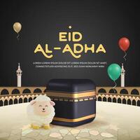 Hajj mabrour eid al adha greeting card post background design with 3d Kaaba and sheep vector
