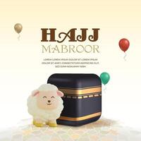 Hajj mabrour eid al adha greeting card post background design with 3d Kaaba and sheep vector
