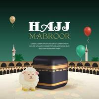 Hajj mabrour eid al adha greeting card post background design with 3d Kaaba and sheep vector