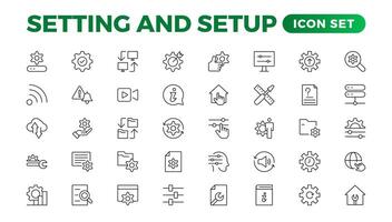 Setting and setup Solid icon collection. app and website settings icon set. options, configuration, preferences, adjustments, tools, gear, control panel, management, and productivity icons. vector