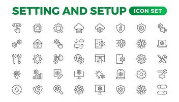 Setting and setup Solid icon collection. app and website settings icon set. options, configuration, preferences, adjustments, tools, gear, control panel, management, and productivity icons. vector