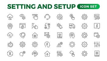 Setting and setup Solid icon collection. app and website settings icon set. options, configuration, preferences, adjustments, tools, gear, control panel, management, and productivity icons. vector