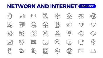 Set of Network and Internet outline icons. linear icon collection for online, computer, network, website, server, web design, hardware, software, and programming. Solid icons illustration collection. vector